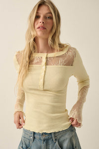 Gentle Grace Ribbed Knit and Lace Henley Top - ShopPromesa