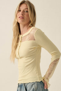 Gentle Grace Ribbed Knit and Lace Henley Top - ShopPromesa