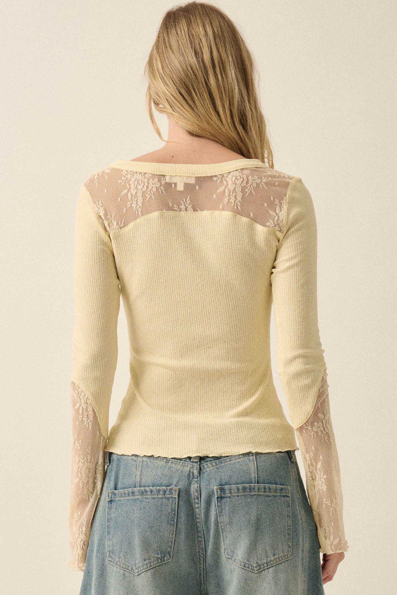 Gentle Grace Ribbed Knit and Lace Henley Top - ShopPromesa