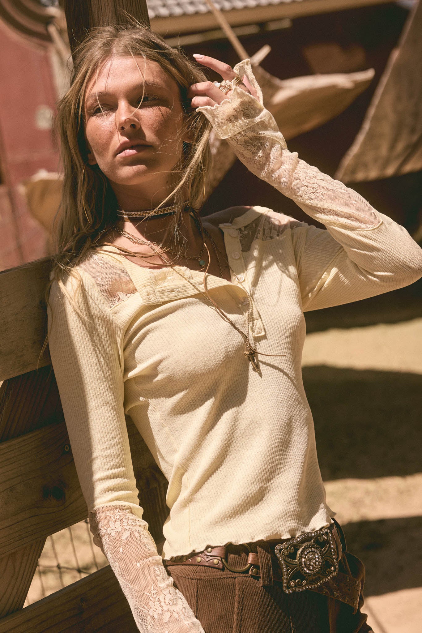 Gentle Grace Ribbed Knit and Lace Henley Top - ShopPromesa