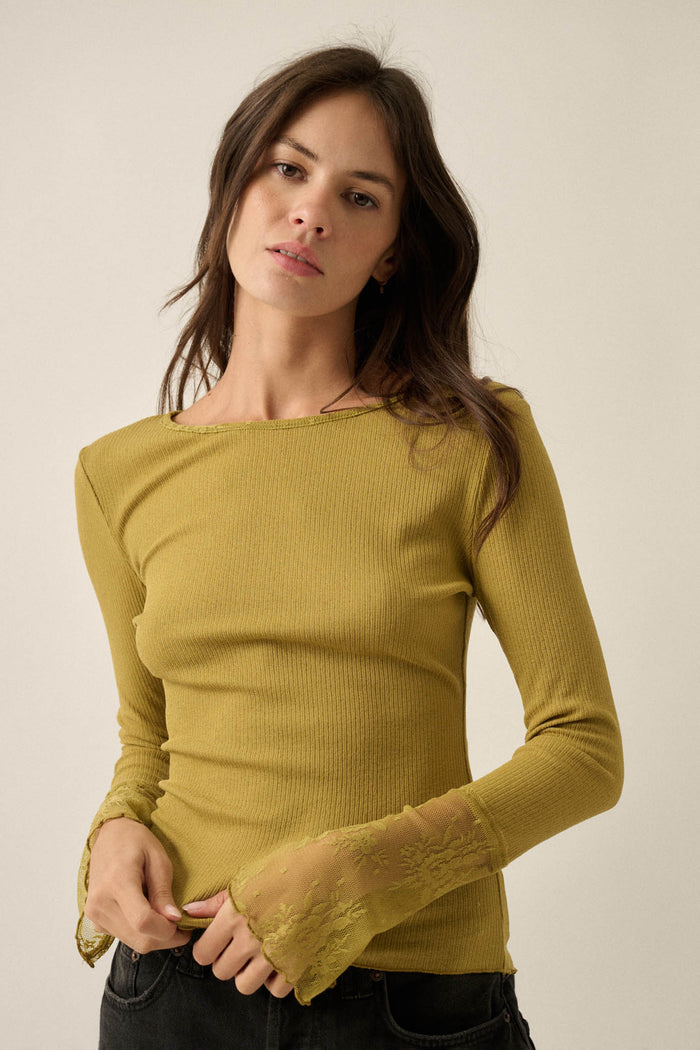 Gentle Touch Lace-Cuff Ribbed Knit Top - ShopPromesa