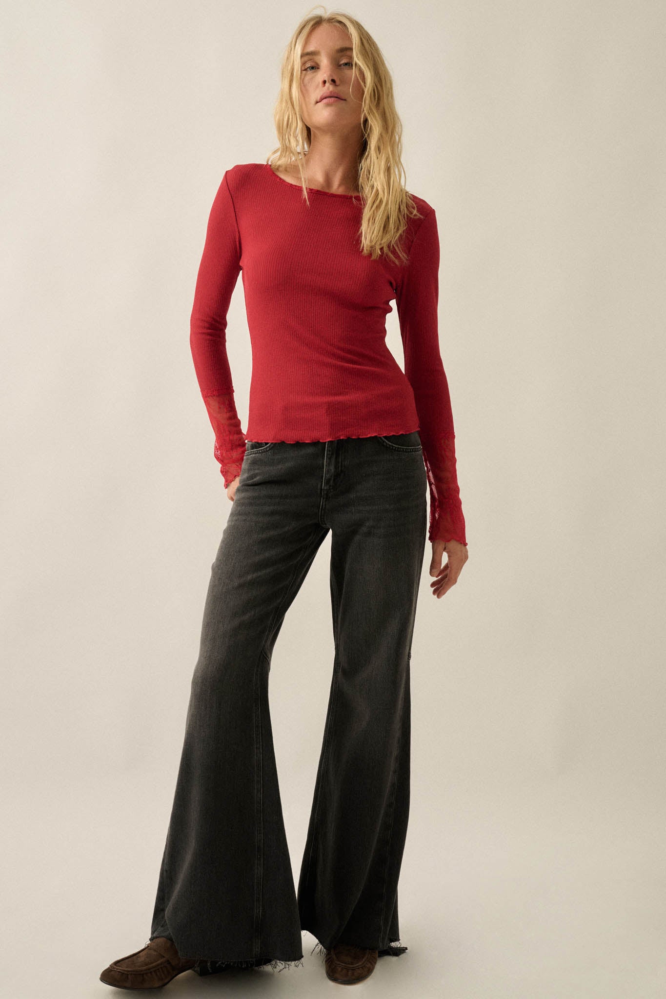 Gentle Touch Lace-Cuff Ribbed Knit Top - ShopPromesa