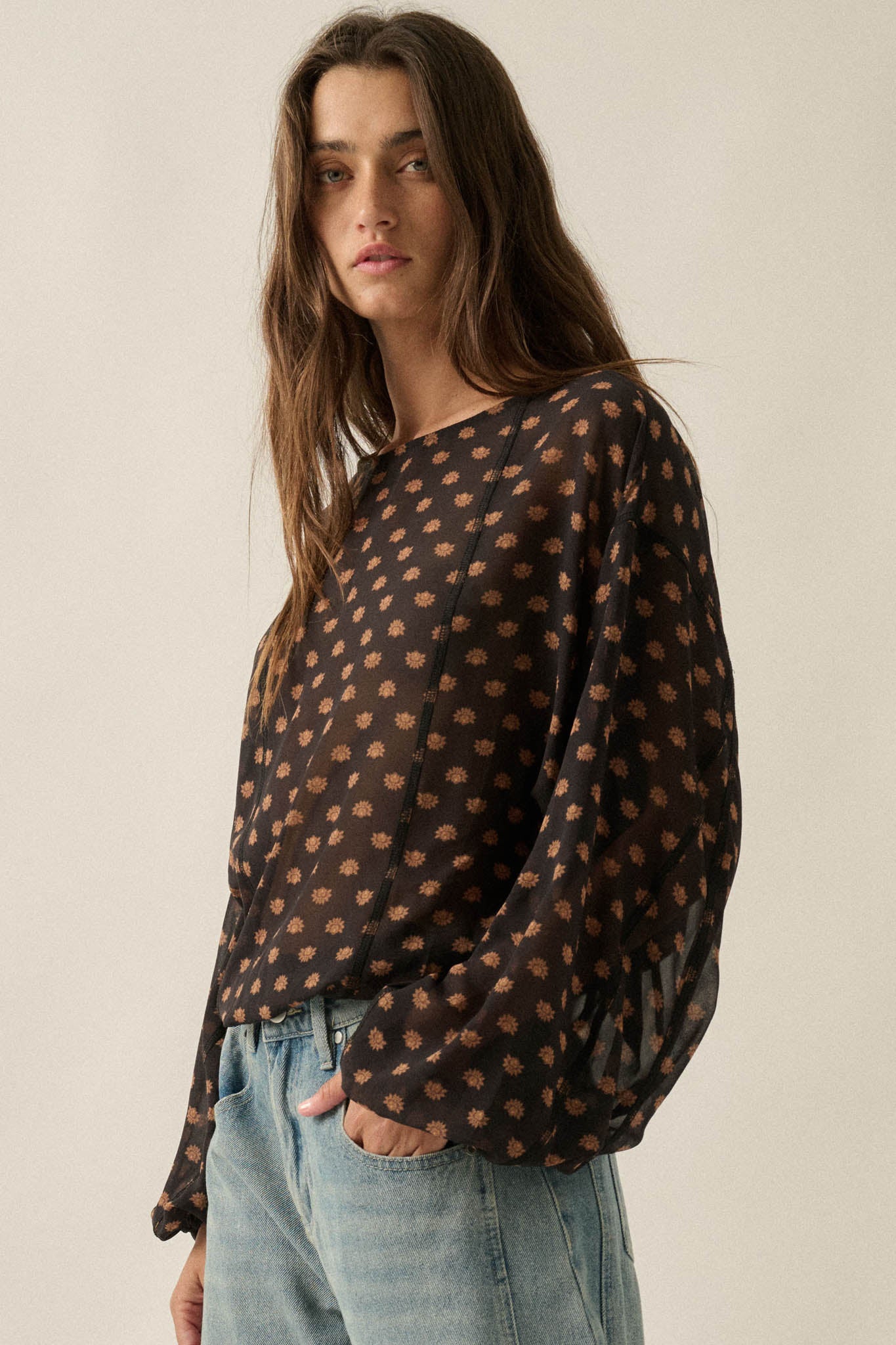 Good Glory Floral Chiffon Balloon-Sleeve Bodysuit - ShopPromesa