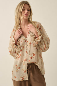 Autumn Blooms Floral Chiffon Button-Up Peasant Top - ShopPromesa