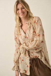 Autumn Blooms Floral Chiffon Button-Up Peasant Top - ShopPromesa