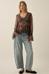 All a Dream Paisley and Lace Bell-Sleeve Peplum Top - ShopPromesa