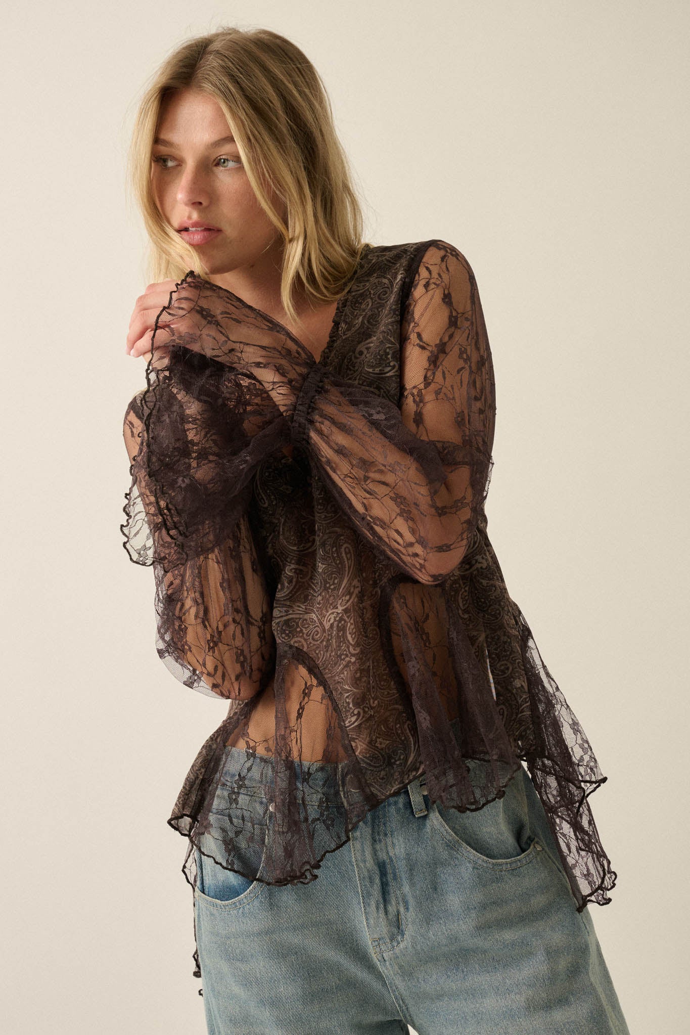 All a Dream Paisley and Lace Bell-Sleeve Peplum Top - ShopPromesa
