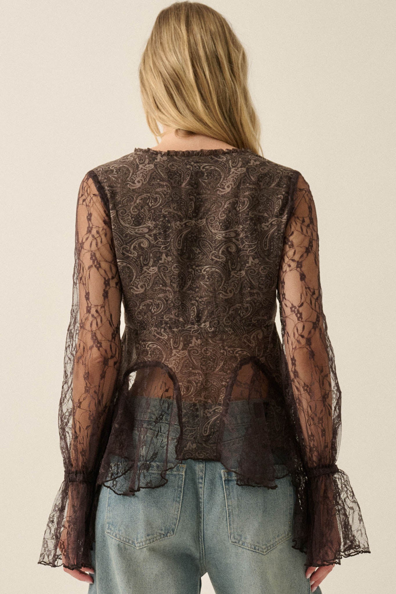 All a Dream Paisley and Lace Bell-Sleeve Peplum Top - ShopPromesa