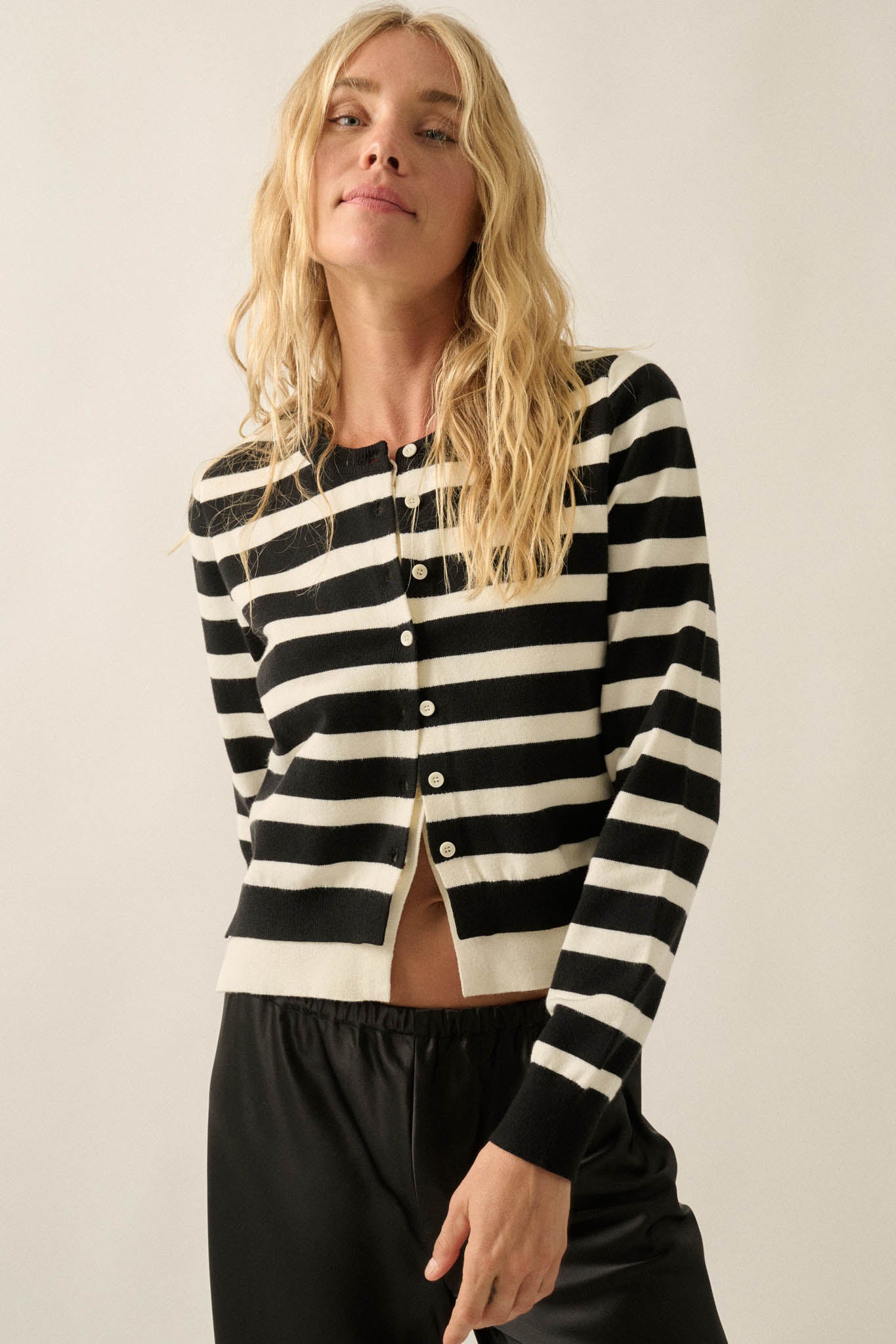 Right Stripes Layered Striped Knit Button-Up Cardigan - ShopPromesa