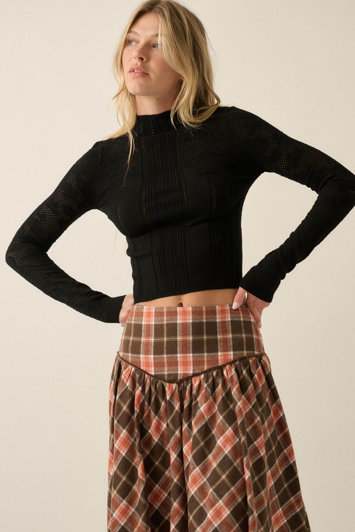 Pointe Blank Floral Pointelle Mock-Neck Cropped Top - ShopPromesa