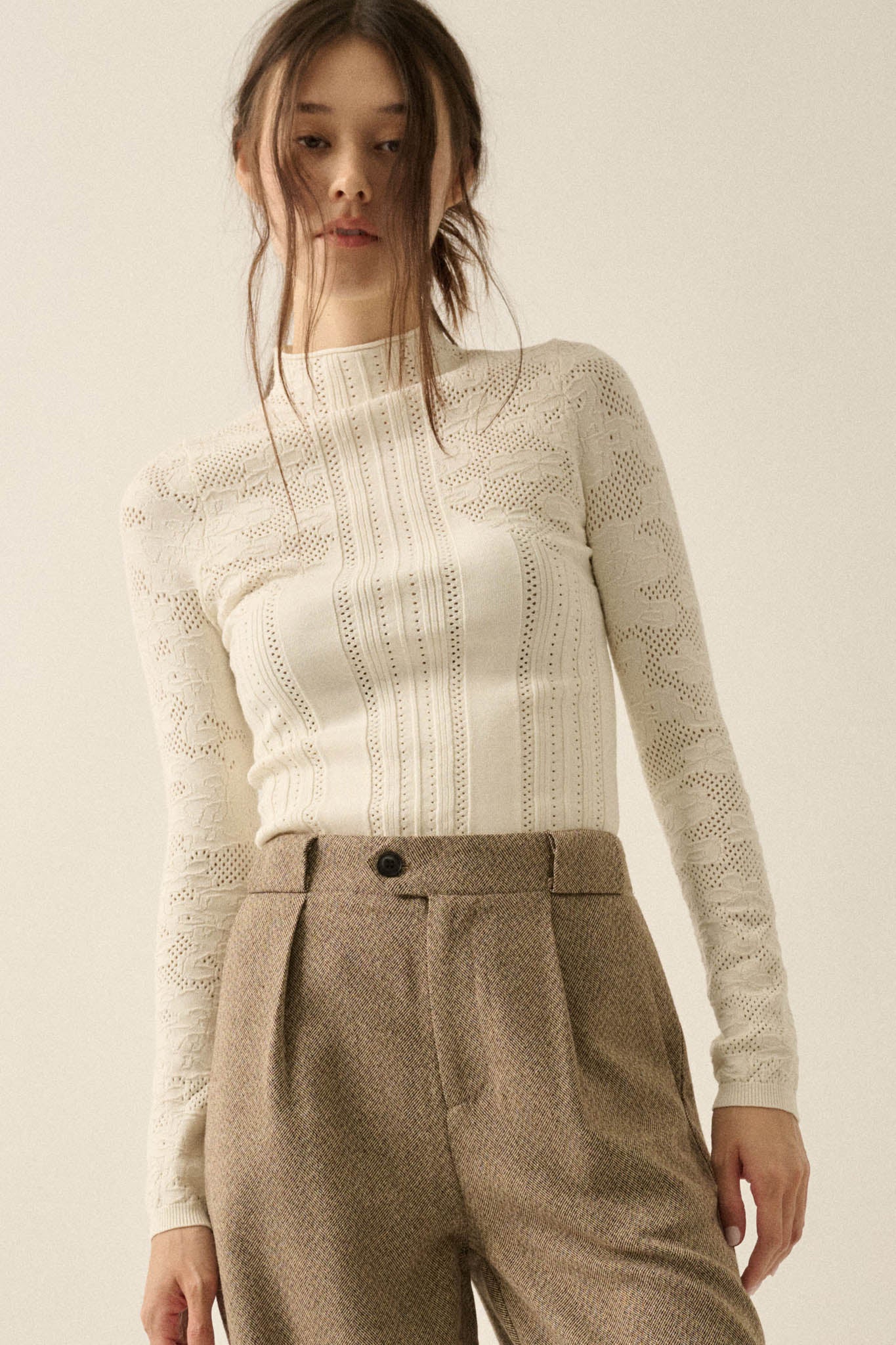 Pointe Blank Floral Pointelle Mock-Neck Cropped Top - ShopPromesa