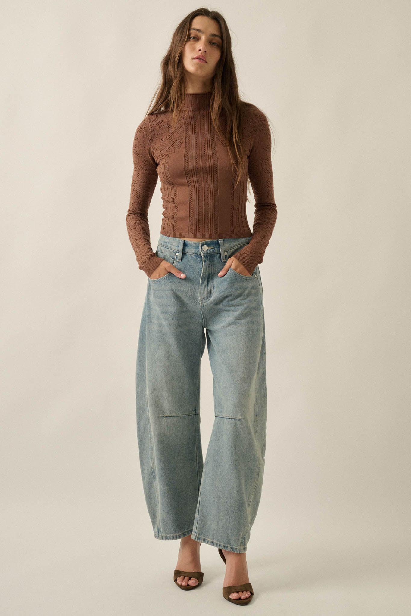 Pointe Blank Floral Pointelle Mock-Neck Cropped Top - ShopPromesa