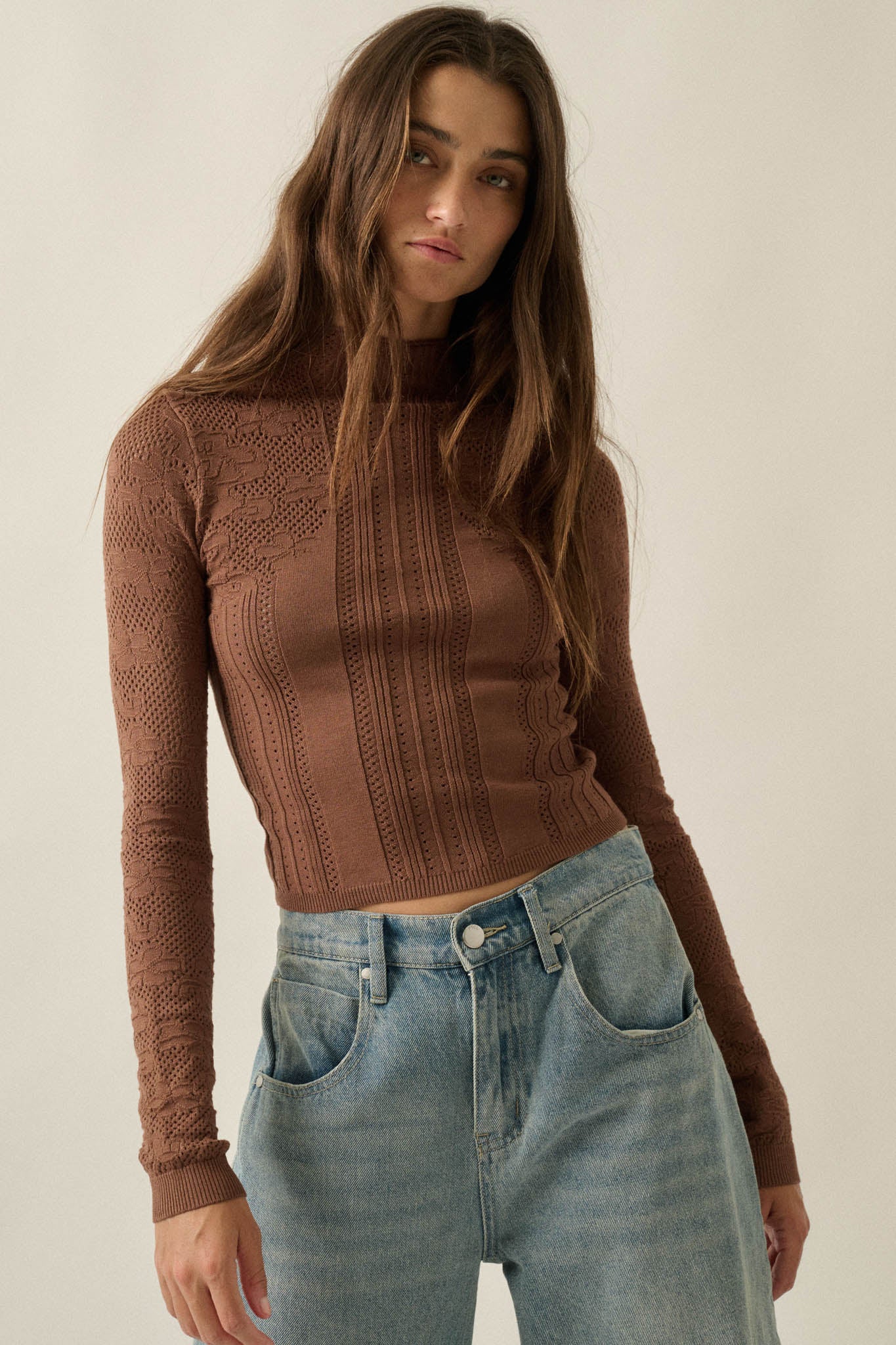 Pointe Blank Floral Pointelle Mock-Neck Cropped Top - ShopPromesa
