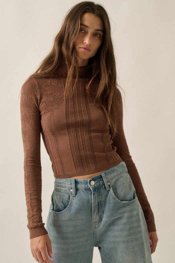Pointe Blank Floral Pointelle Mock-Neck Cropped Top - ShopPromesa