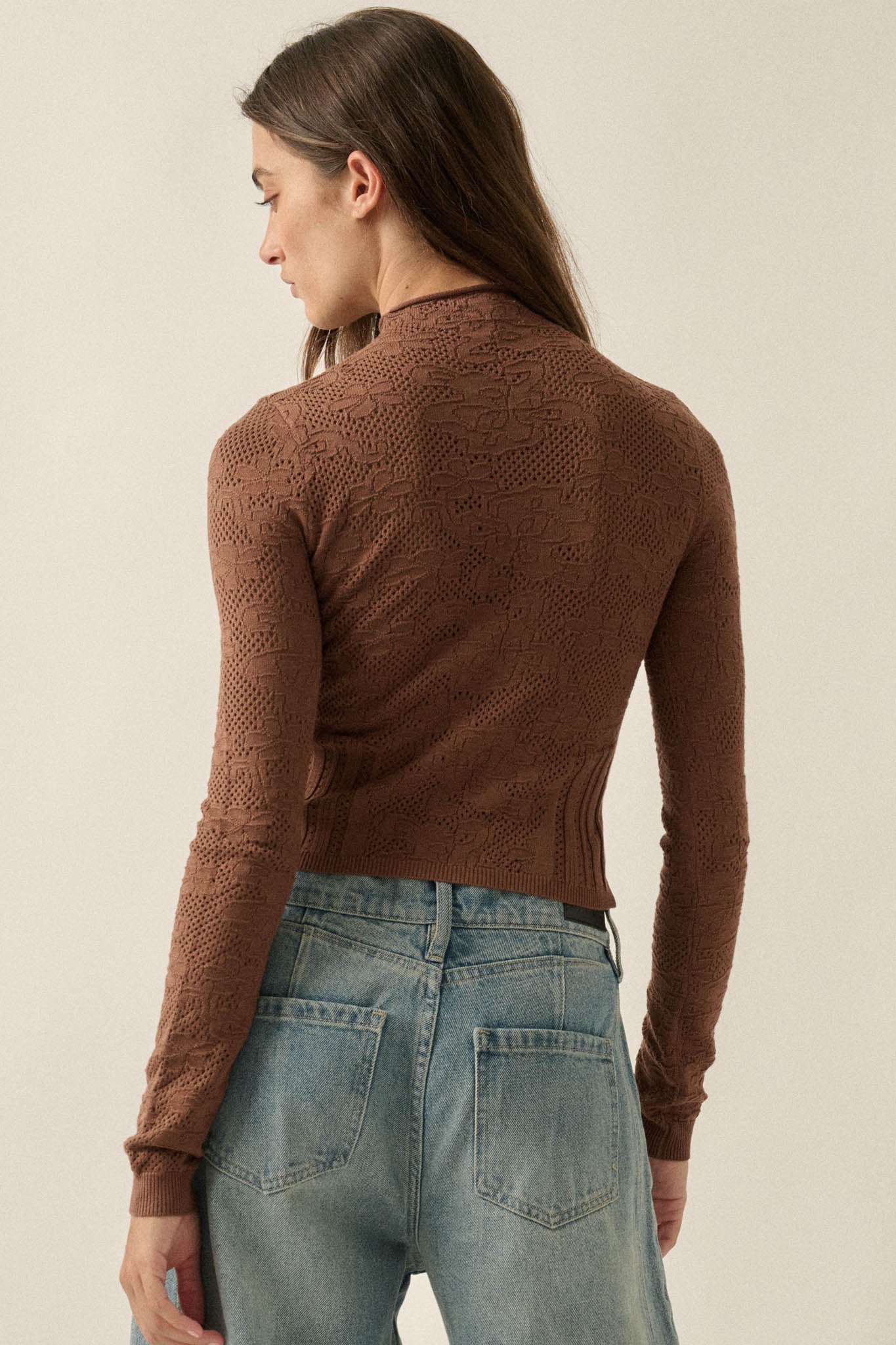 Pointe Blank Floral Pointelle Mock-Neck Cropped Top - ShopPromesa