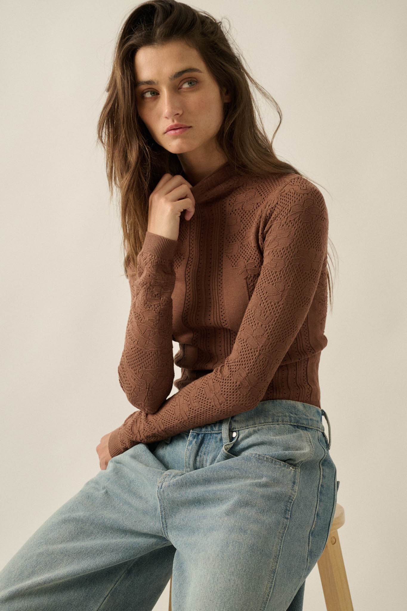 Pointe Blank Floral Pointelle Mock-Neck Cropped Top - ShopPromesa