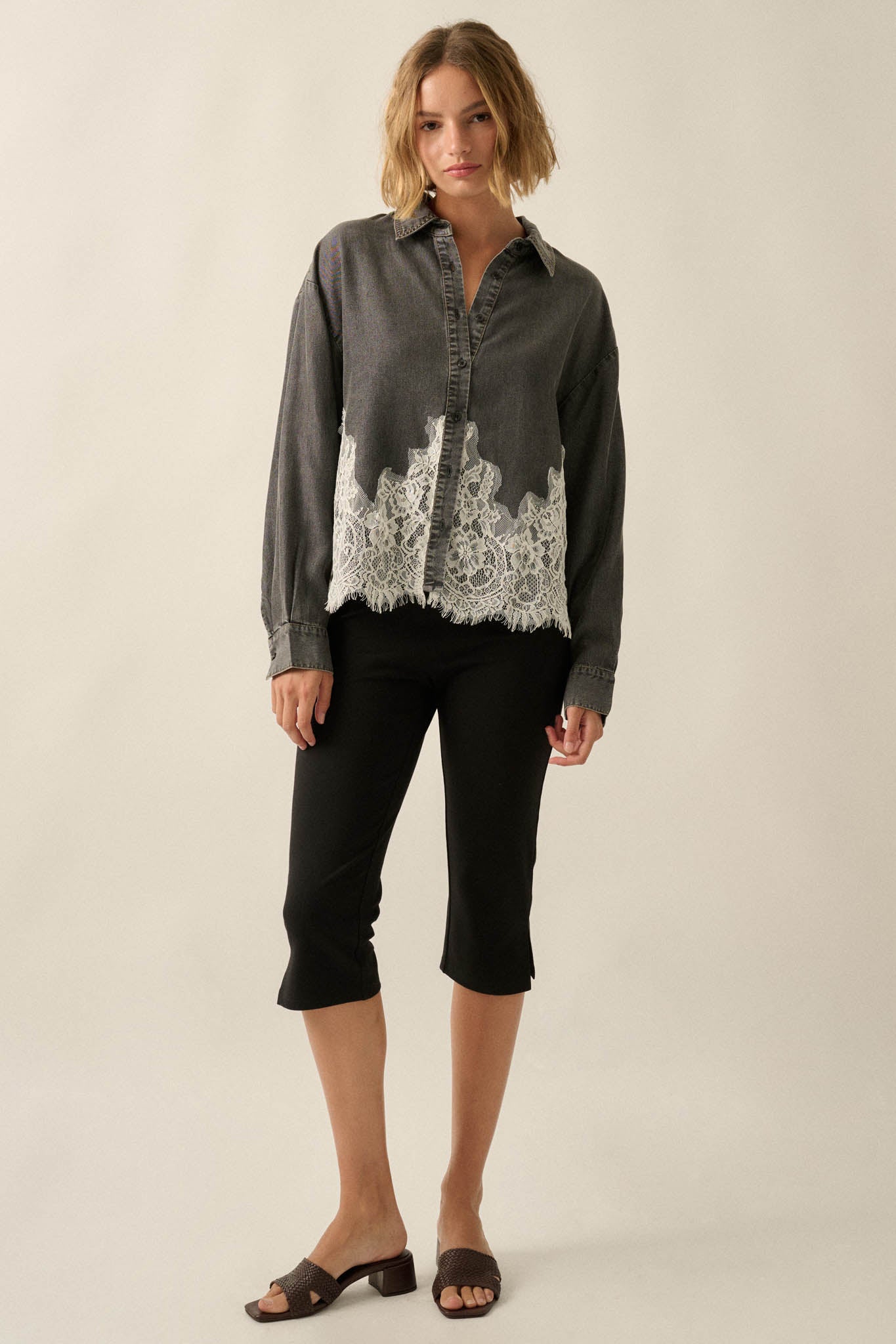 Denim Dreamer Lace-Hem Oversize Button-Up Shirt - ShopPromesa