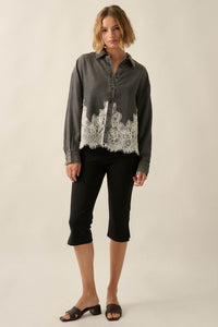 Denim Dreamer Lace-Hem Oversize Button-Up Shirt - ShopPromesa