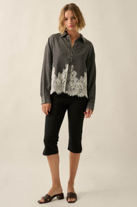 Denim Dreamer Lace-Hem Oversize Button-Up Shirt - ShopPromesa