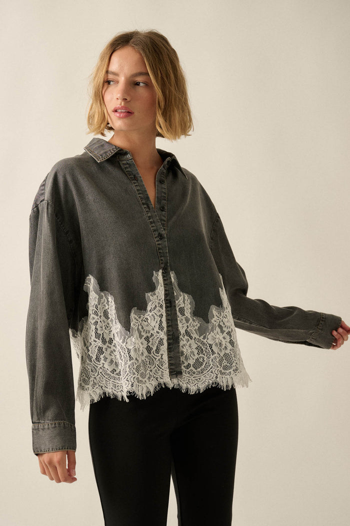 Denim Dreamer Lace-Hem Oversize Button-Up Shirt - ShopPromesa