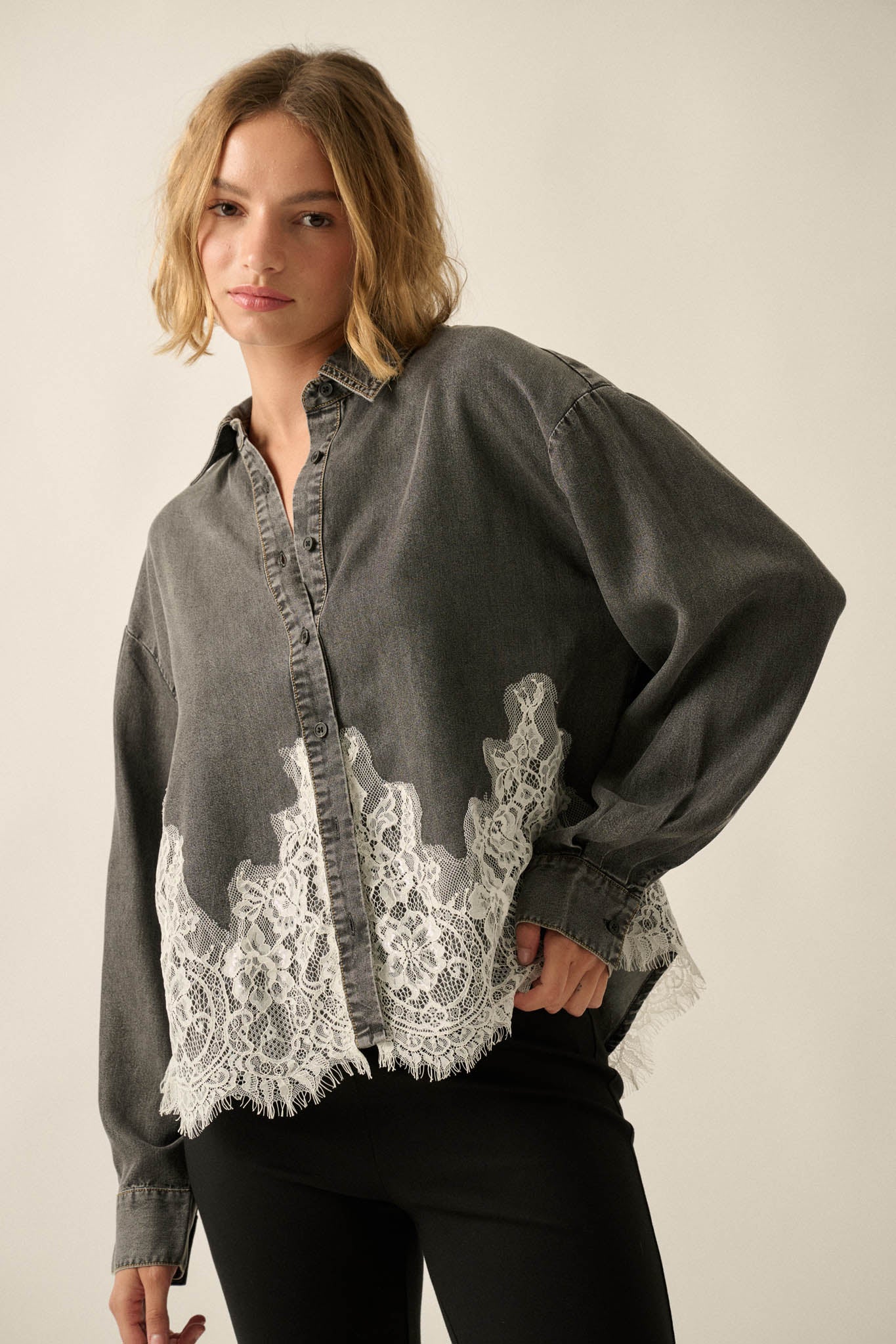 Denim Dreamer Lace-Hem Oversize Button-Up Shirt - ShopPromesa