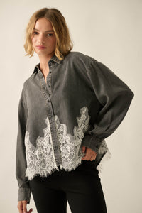 Denim Dreamer Lace-Hem Oversize Button-Up Shirt - ShopPromesa