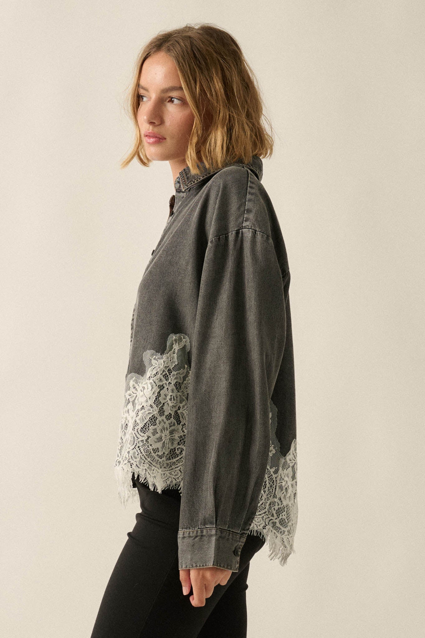 Denim Dreamer Lace-Hem Oversize Button-Up Shirt - ShopPromesa