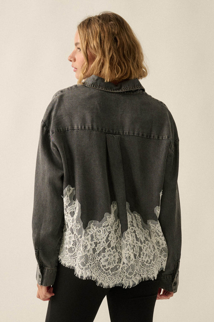 Denim Dreamer Lace-Hem Oversize Button-Up Shirt - ShopPromesa
