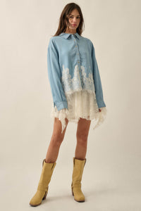 Denim Dreamer Lace-Hem Oversize Button-Up Shirt - ShopPromesa