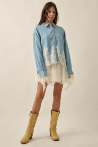 Denim Dreamer Lace-Hem Oversize Button-Up Shirt - ShopPromesa