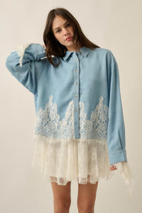 Denim Dreamer Lace-Hem Oversize Button-Up Shirt - ShopPromesa