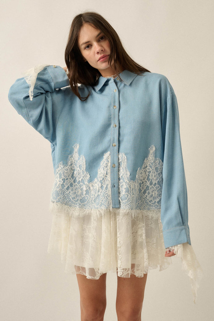 Denim Dreamer Lace-Hem Oversize Button-Up Shirt - ShopPromesa