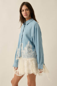 Denim Dreamer Lace-Hem Oversize Button-Up Shirt - ShopPromesa