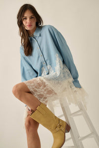 Denim Dreamer Lace-Hem Oversize Button-Up Shirt - ShopPromesa