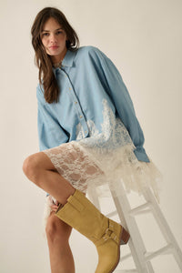 Denim Dreamer Lace-Hem Oversize Button-Up Shirt - ShopPromesa