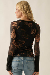 Blooming Ochre Floral Mesh Split-Cuff Henley Top - ShopPromesa