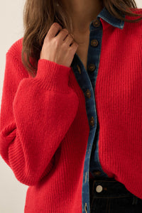 Easy Win Ribbed Knit and Denim Collared Cardigan - ShopPromesa