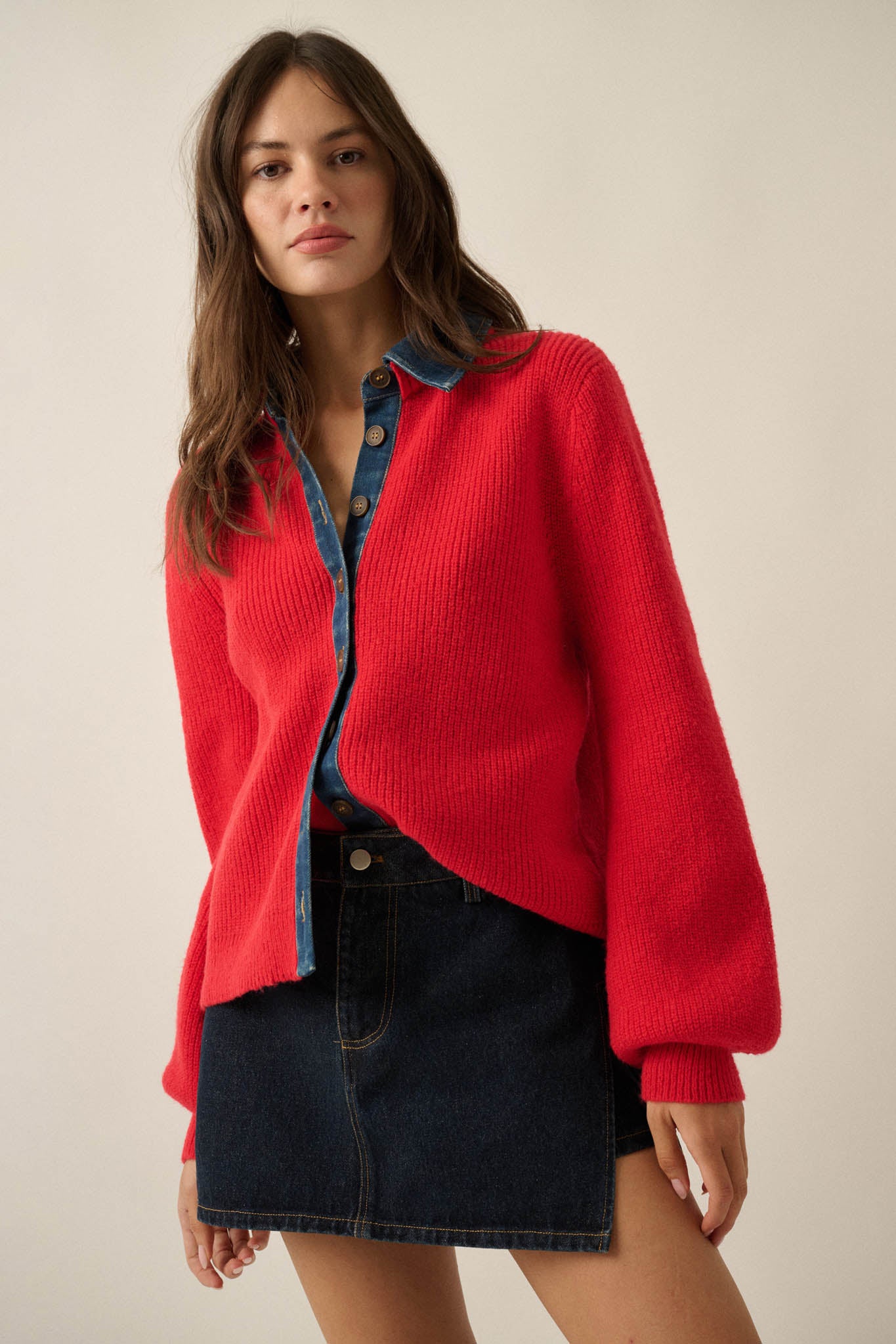 Easy Win Ribbed Knit and Denim Collared Cardigan - ShopPromesa