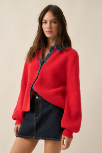 Easy Win Ribbed Knit and Denim Collared Cardigan - ShopPromesa