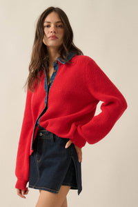 Easy Win Ribbed Knit and Denim Collared Cardigan - ShopPromesa