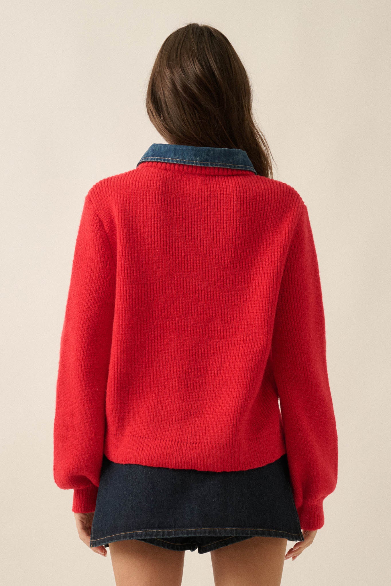 Easy Win Ribbed Knit and Denim Collared Cardigan - ShopPromesa