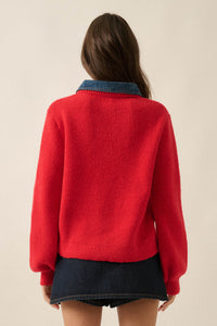 Easy Win Ribbed Knit and Denim Collared Cardigan - ShopPromesa