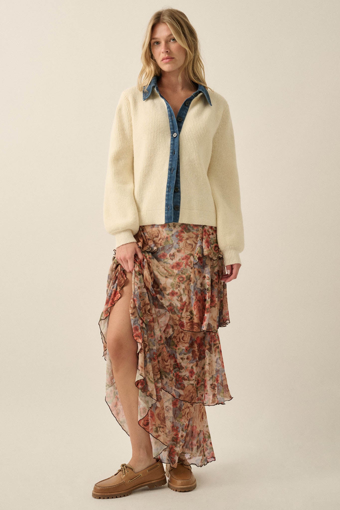 Easy Win Ribbed Knit and Denim Collared Cardigan - ShopPromesa