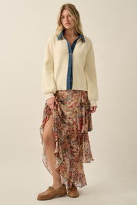 Easy Win Ribbed Knit and Denim Collared Cardigan - ShopPromesa