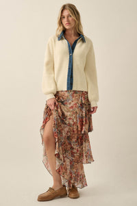 Easy Win Ribbed Knit and Denim Collared Cardigan - ShopPromesa