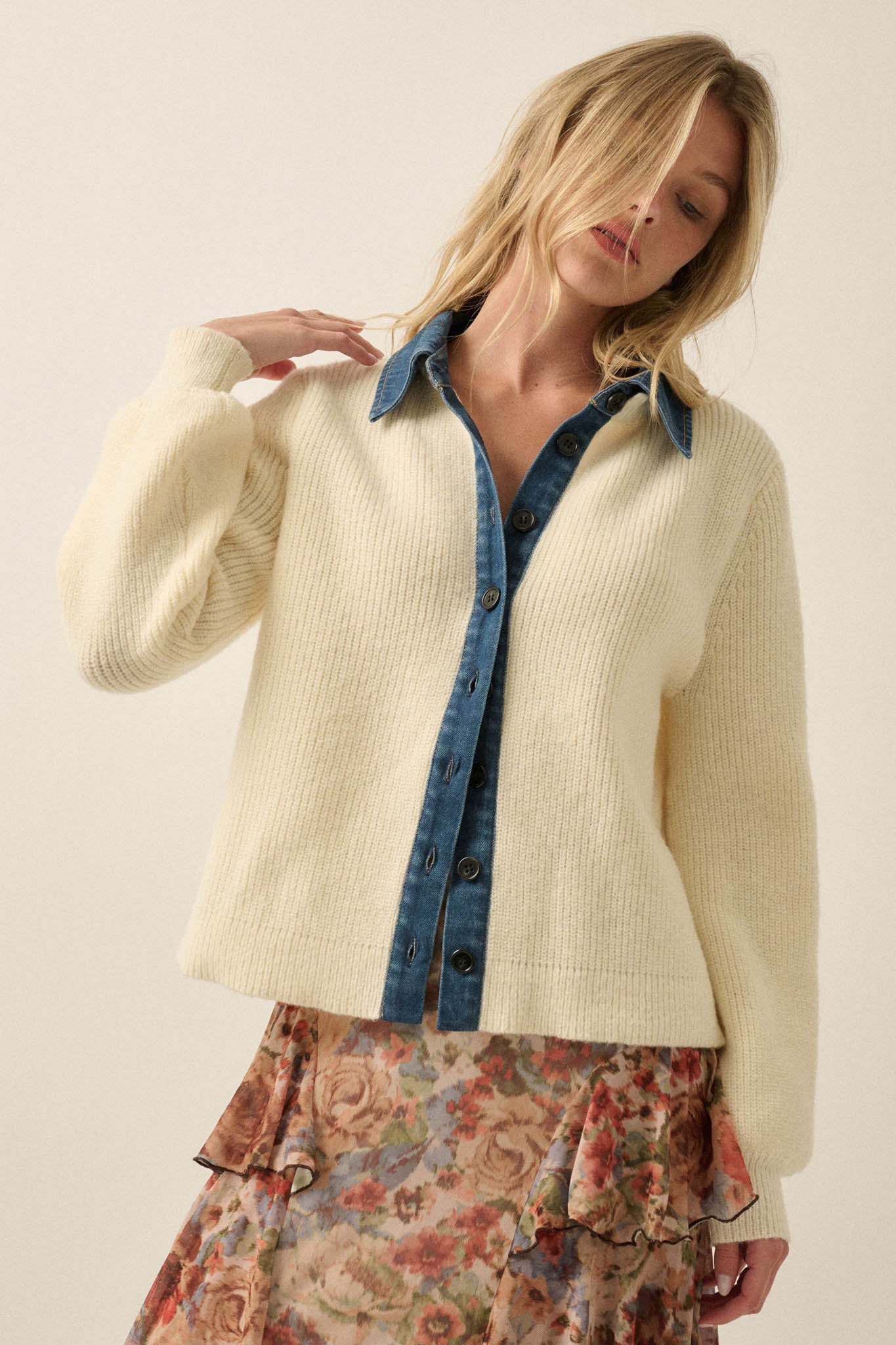 Easy Win Ribbed Knit and Denim Collared Cardigan - ShopPromesa