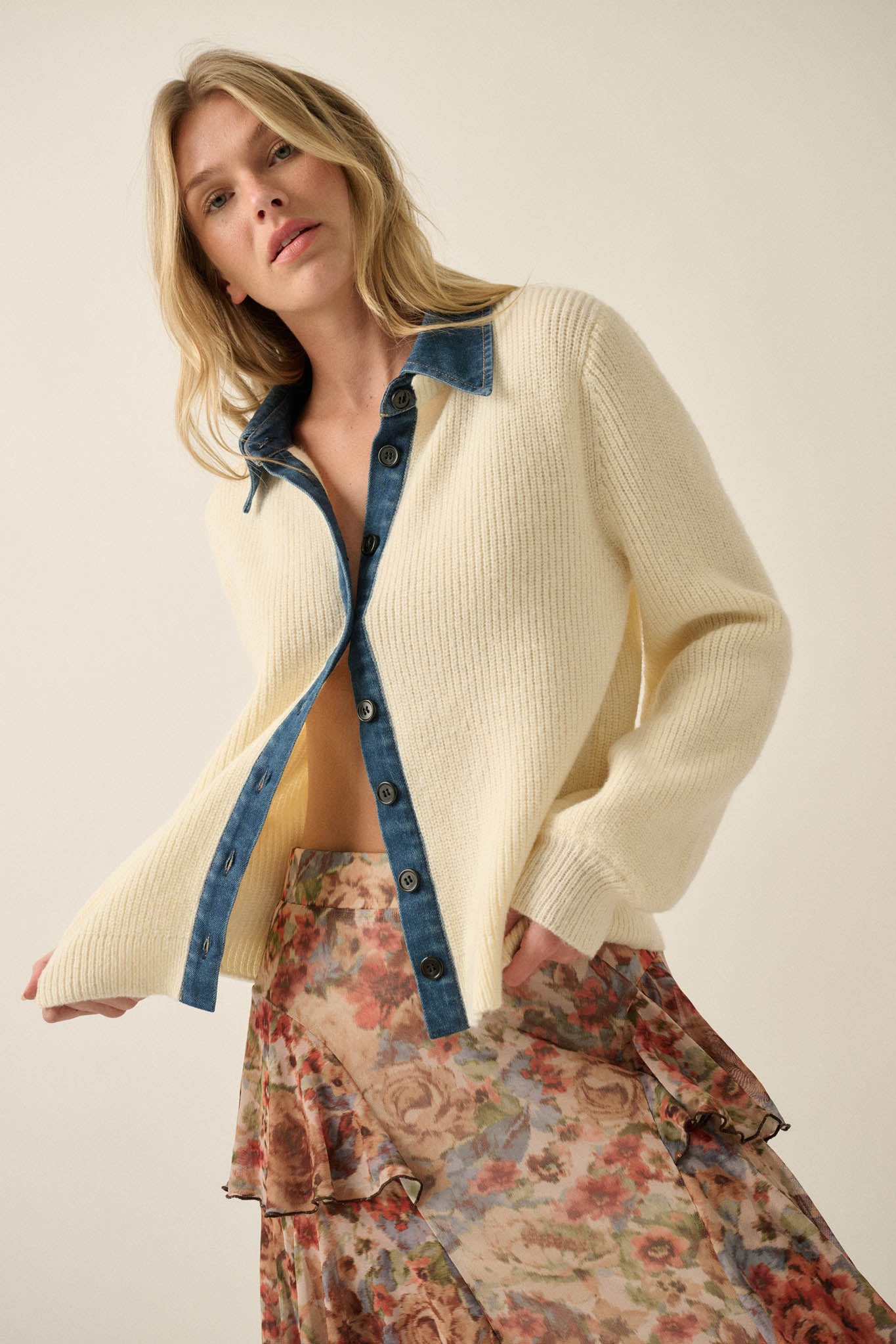 Easy Win Ribbed Knit and Denim Collared Cardigan - ShopPromesa