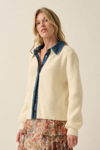 Easy Win Ribbed Knit and Denim Collared Cardigan - ShopPromesa