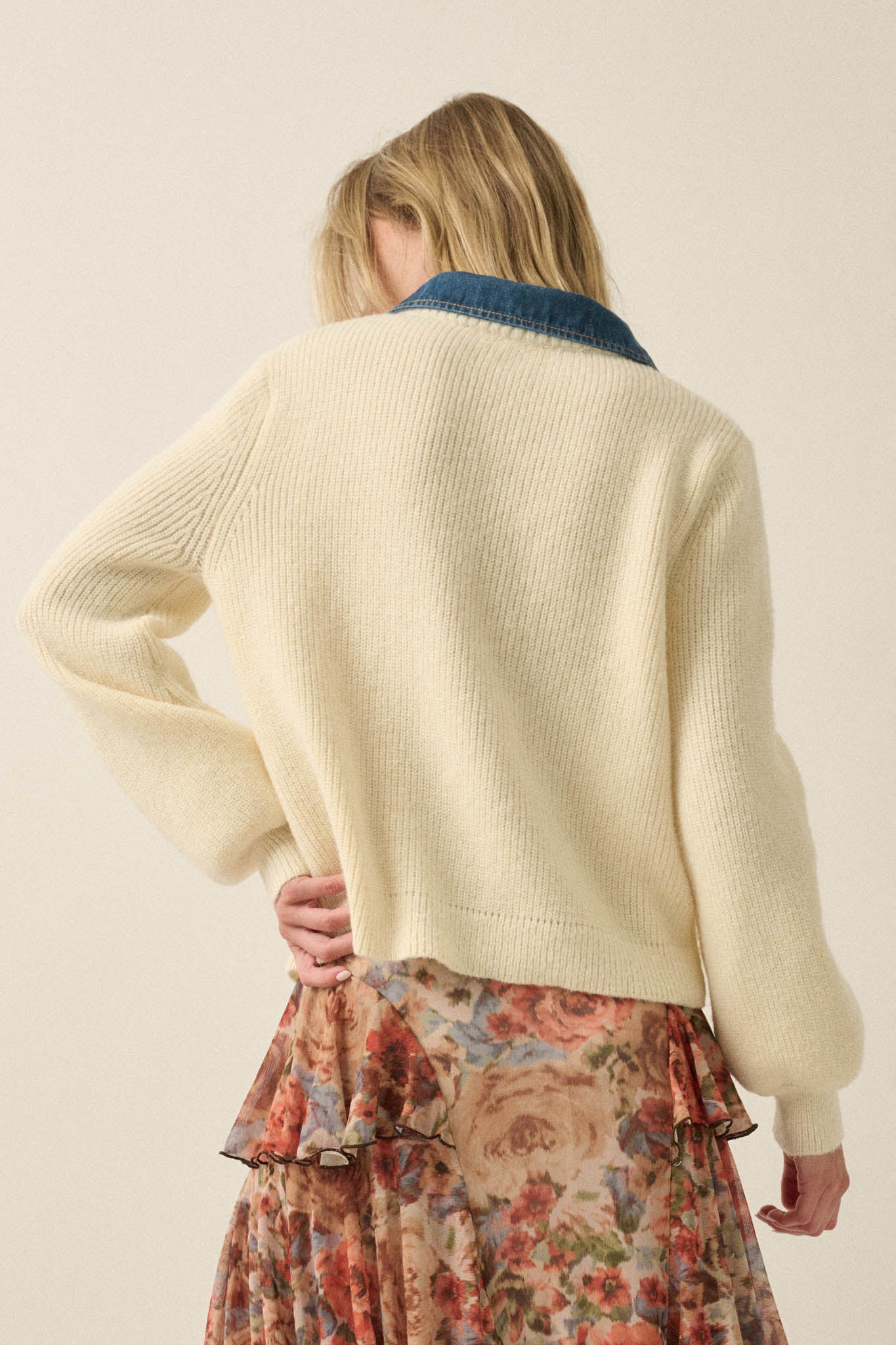 Easy Win Ribbed Knit and Denim Collared Cardigan - ShopPromesa
