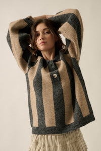 Stripe Out Balloon-Sleeve Striped Polo Sweater - ShopPromesa